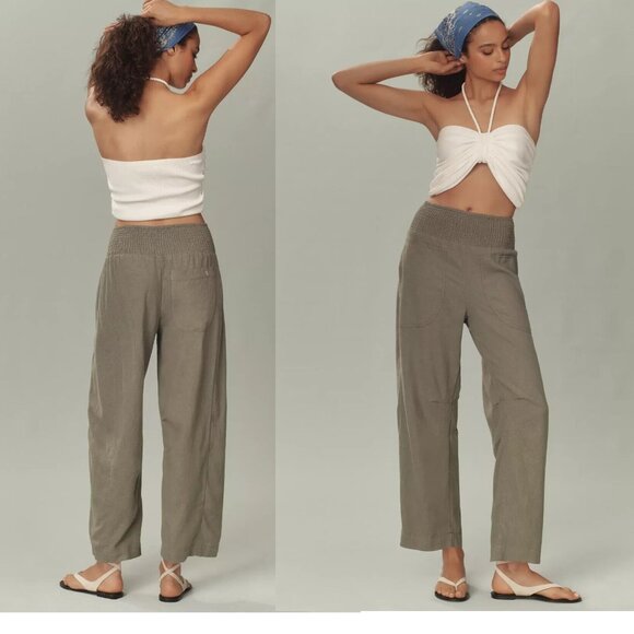 Anthropologie The Reese Smocked Pull-On Barrel Pants size L green color - Picture 2 of 7